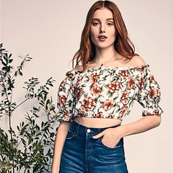 Happy Nature Of The Shoulder Floral Botanical Ruched Cropped Blouse - Women’s XX - Picture 1 of 7